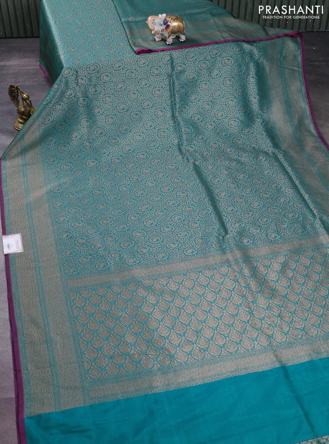 Banarasi semi silk saree teal green and magenta pink with allover thread & zari weaves and woven border