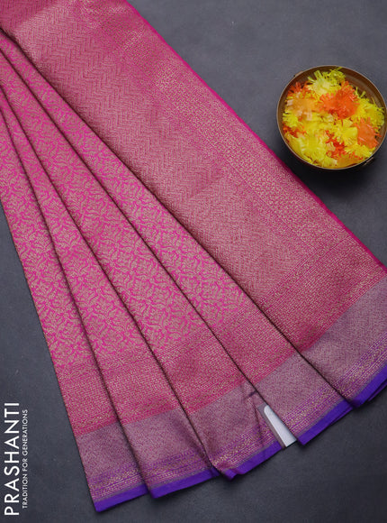 Banarasi semi silk saree pink and violet with allover thread & zari weaves and woven border