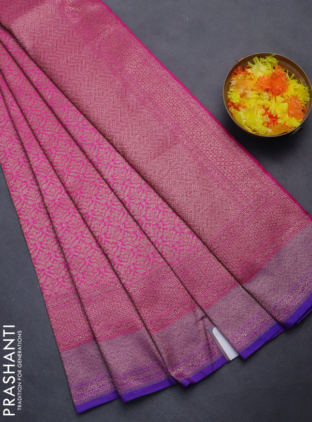 Banarasi semi silk saree pink and violet with allover thread & zari weaves and woven border