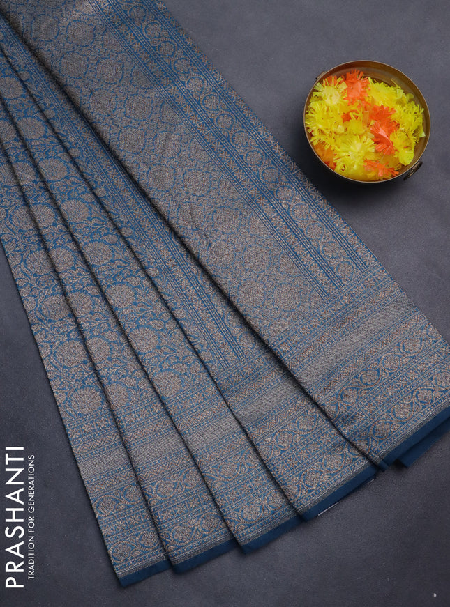Banarasi semi silk saree peacock blue with allover thread & zari weaves and woven border
