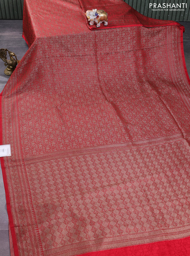 Banarasi semi silk saree red with allover thread & zari weaves and woven border