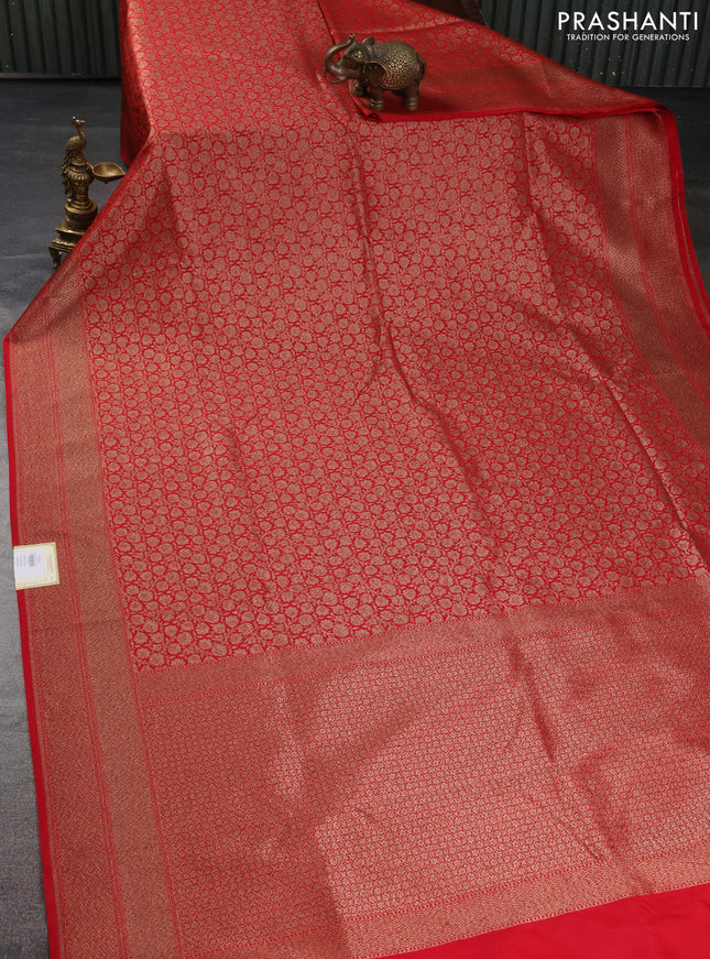 Banarasi semi silk saree red with allover thread & zari weaves and woven border