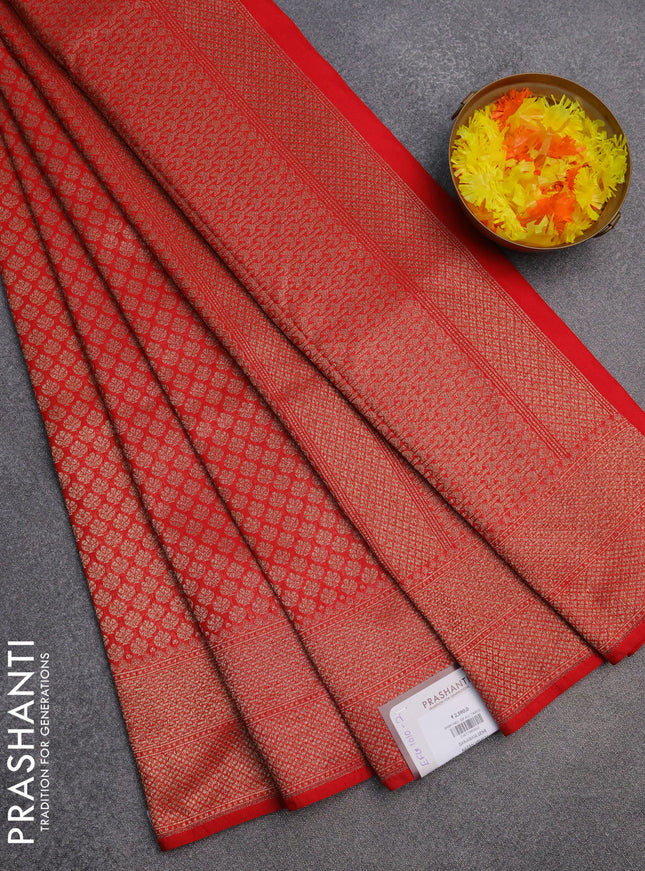 Banarasi semi silk saree red with allover thread & zari weaves and woven border