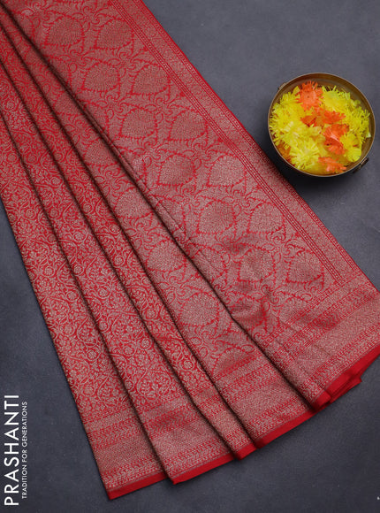 Banarasi semi silk saree red with allover thread & zari weaves and woven border