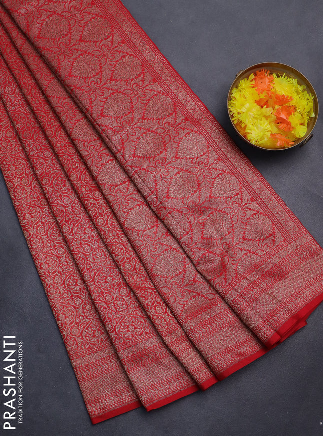 Banarasi semi silk saree red with allover thread & zari weaves and woven border