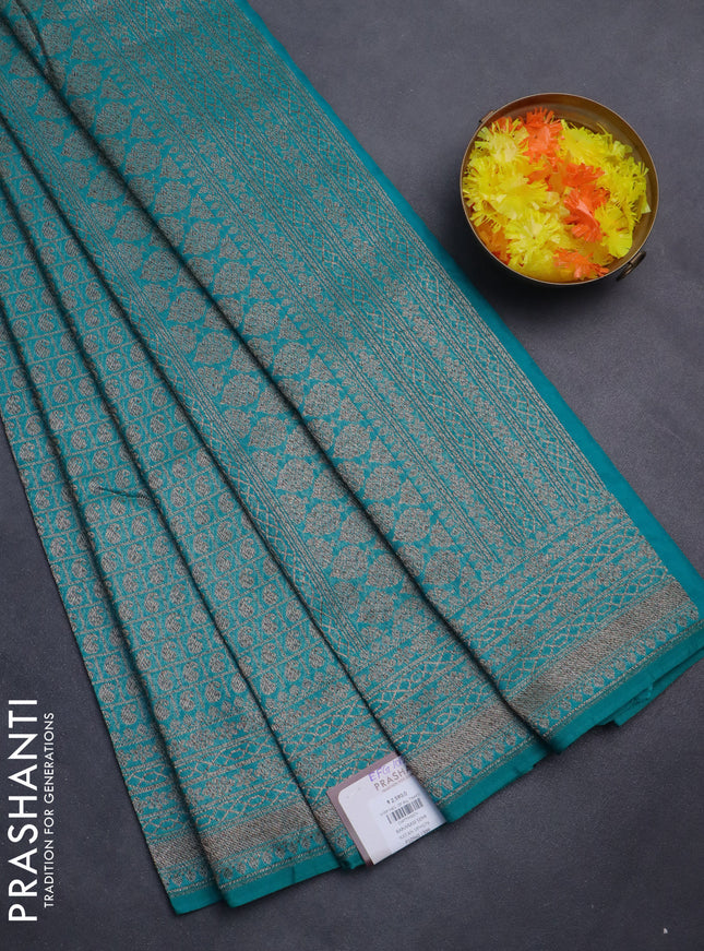 Banarasi semi silk saree teal blue with allover thread & zari weaves and woven border