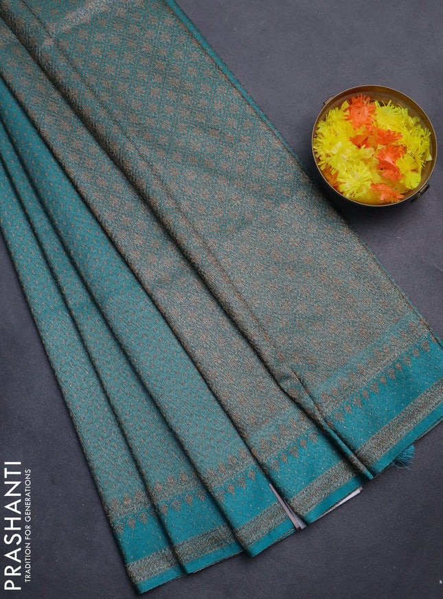 Banarasi semi silk saree teal blue with allover thread & zari woven butta weaves and woven border