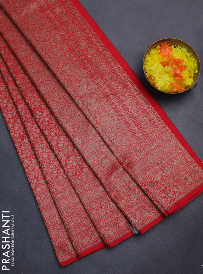 Banarasi semi silk saree red with allover thread & zari weaves and woven border