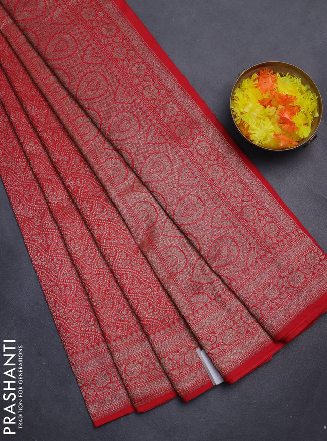 Banarasi semi silk saree red with allover thread & zari weaves and woven border