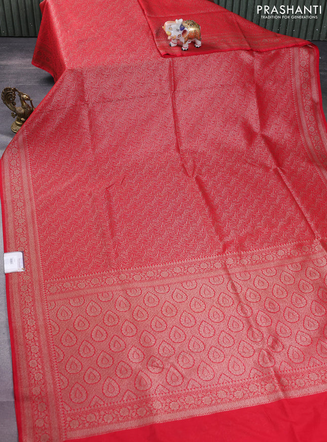 Banarasi semi silk saree red with allover thread & zari weaves and woven border