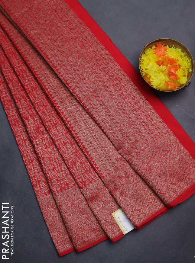 Banarasi semi silk saree red with allover thread & zari weaves and woven border