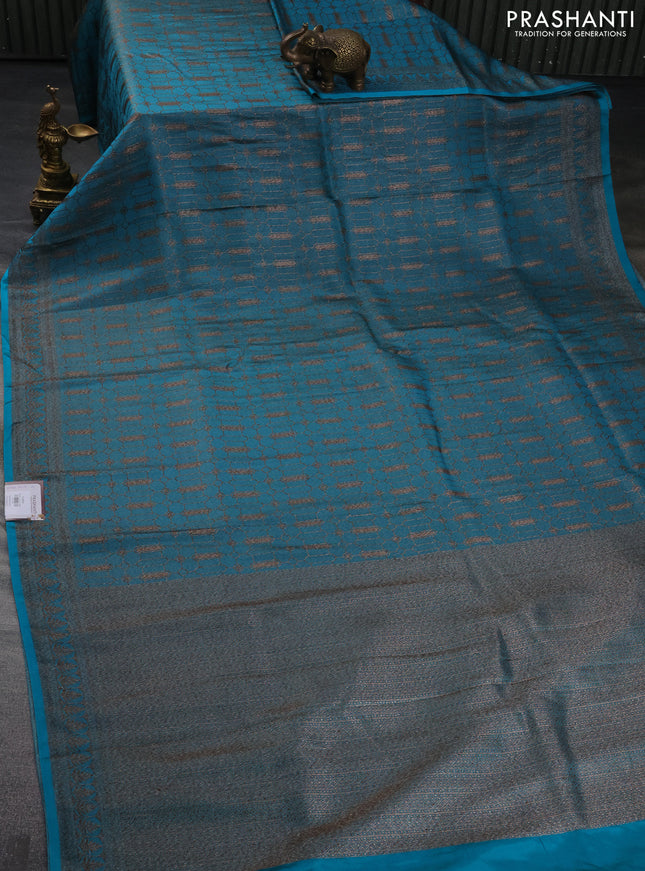Banarasi semi silk saree teal blue with allover thread & zari weaves and woven border
