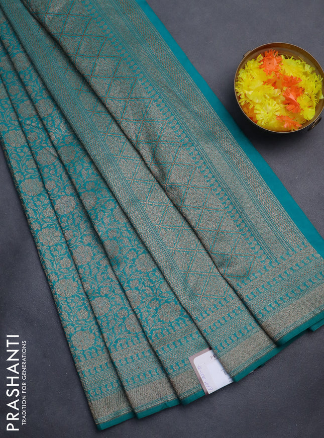 Banarasi semi silk saree teal green with allover thread & zari weaves and woven border