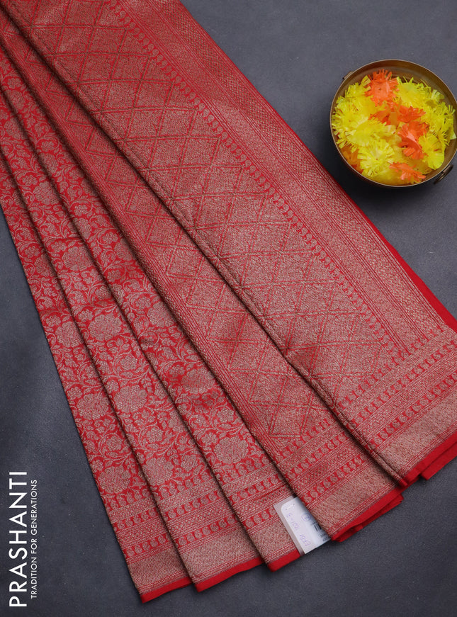 Banarasi semi silk saree red with allover thread & zari weaves and woven border