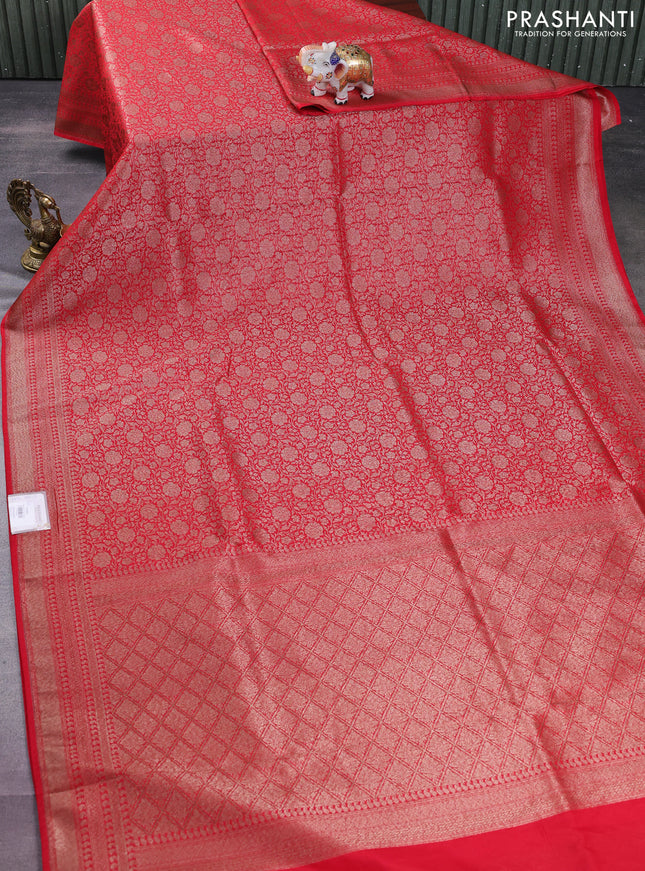 Banarasi semi silk saree red with allover thread & zari weaves and woven border