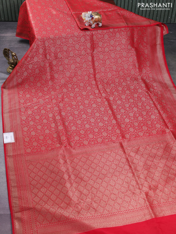 Banarasi semi silk saree red with allover thread & zari weaves and woven border