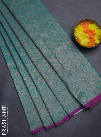 Banarasi semi silk saree teal green and purple with allover thread & zari weaves and woven border