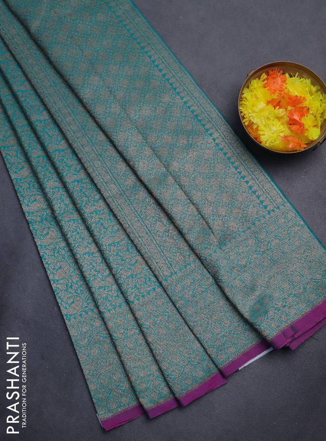 Banarasi semi silk saree teal green and purple with allover thread & zari weaves and woven border