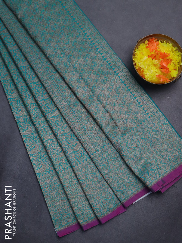 Banarasi semi silk saree teal green and purple with allover thread & zari weaves and woven border