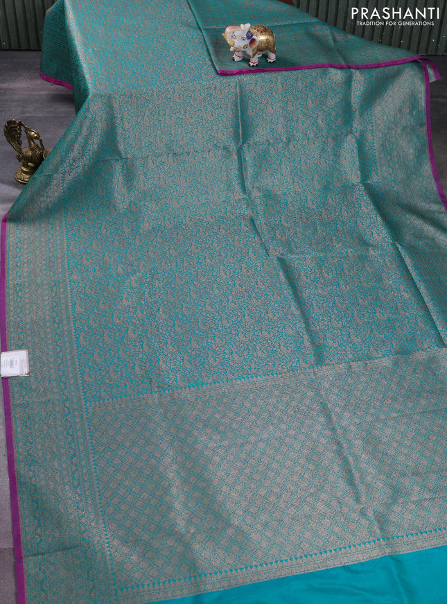 Banarasi semi silk saree teal green and purple with allover thread & zari weaves and woven border
