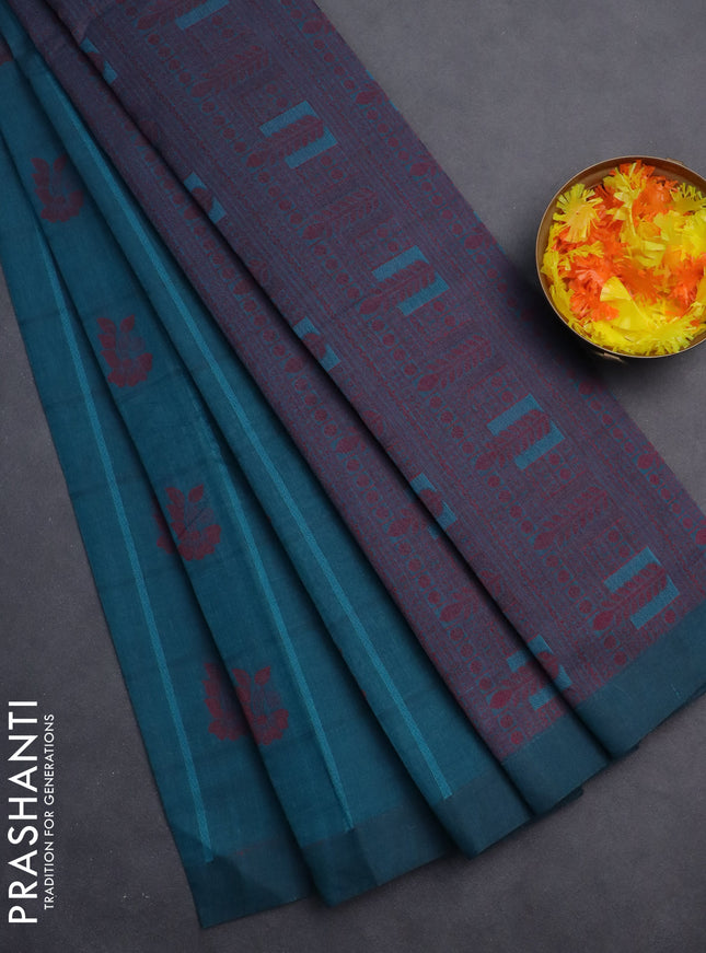 Nithyam cotton saree peacock blue with thread woven buttas in borderless style