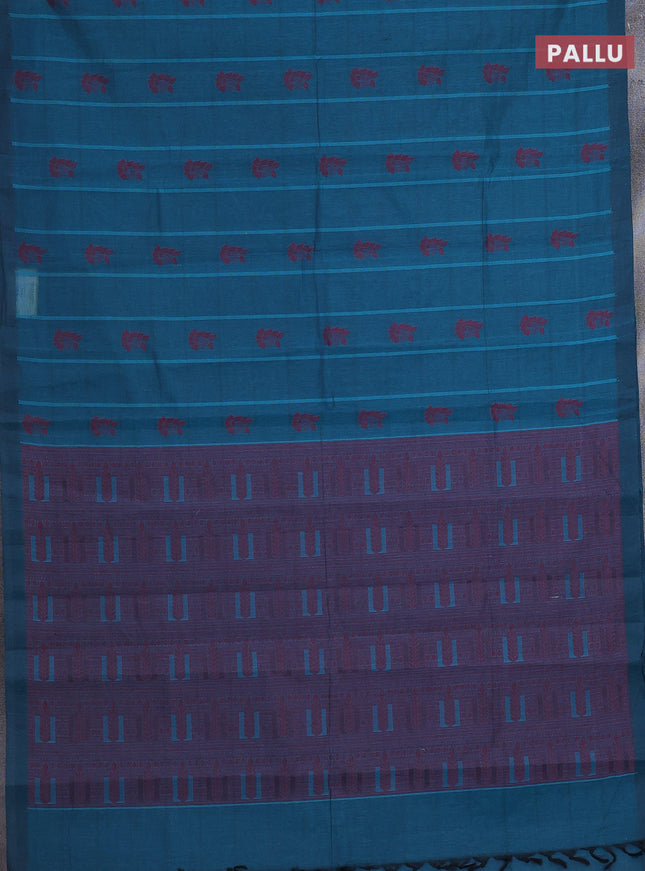 Nithyam cotton saree peacock blue with thread woven buttas in borderless style