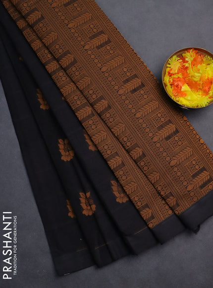 Nithyam cotton saree black with thread woven buttas in borderless style