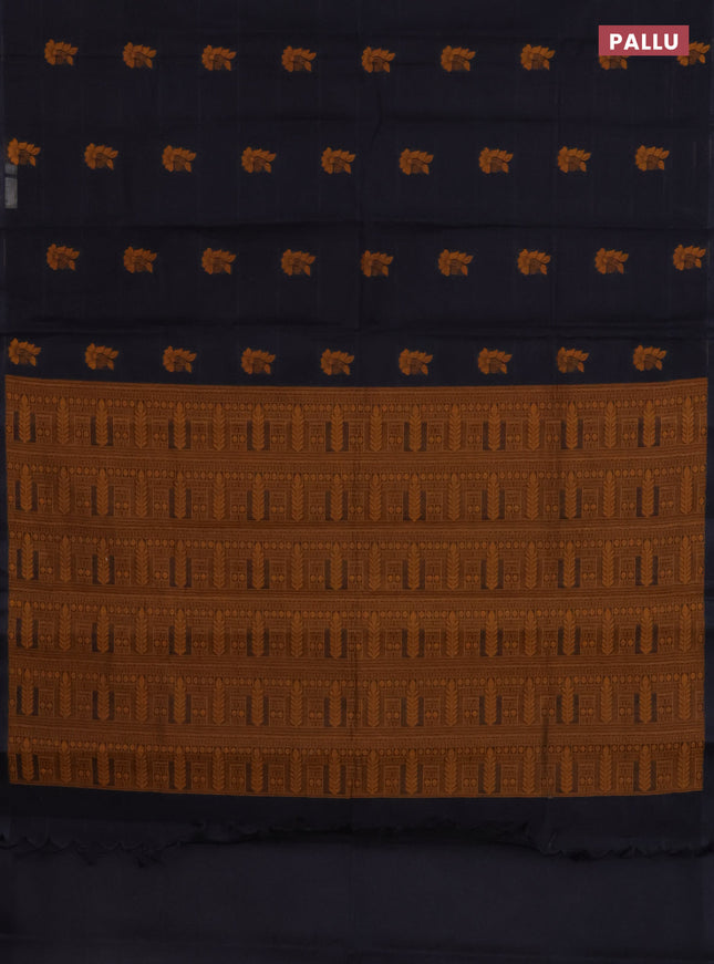 Nithyam cotton saree black with thread woven buttas in borderless style