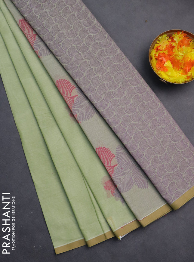 Nithyam cotton saree pista green with thread woven buttas and piping border