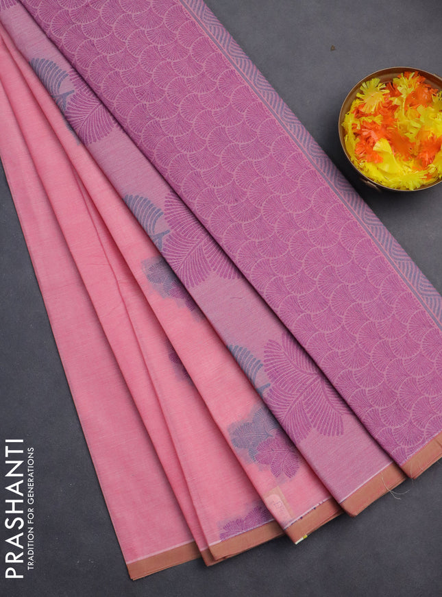 Nithyam cotton saree candy pink with thread woven buttas and piping border
