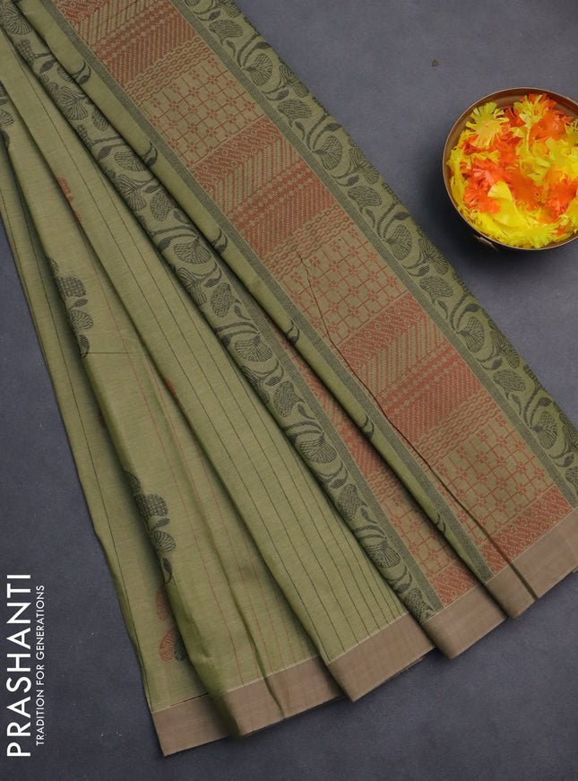 Nithyam cotton saree elaichi green with allover thread weaves & buttas and simple border