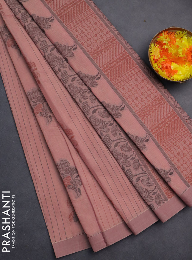 Nithyam cotton saree peach pink with allover thread weaves & buttas and simple border