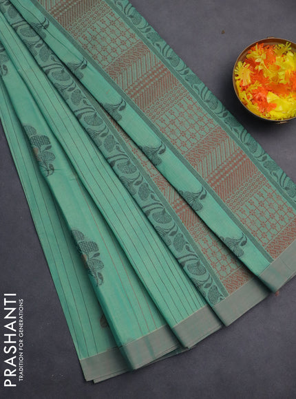 Nithyam cotton saree teal green with allover thread weaves & buttas and simple border