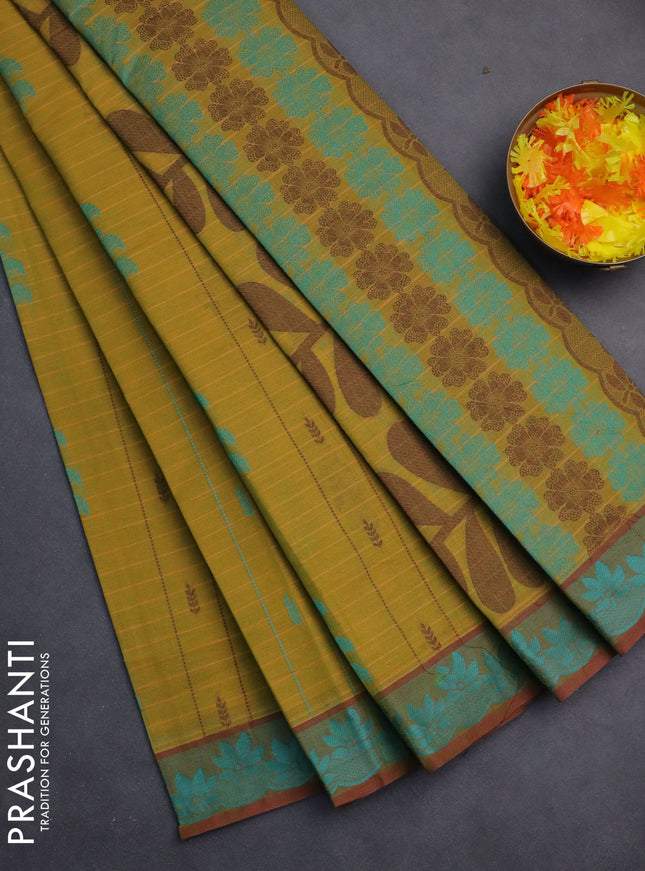Nithyam cotton saree dual shade of mustard and maroon with allover thread checks & buttas and thread woven border