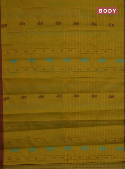 Nithyam cotton saree dual shade of mustard and maroon with allover thread checks & buttas and thread woven border