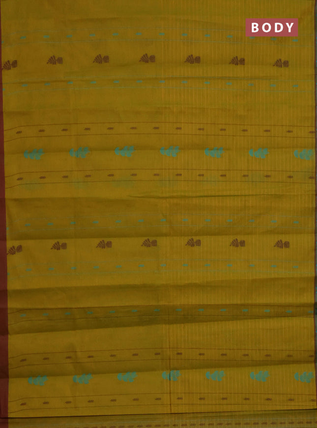 Nithyam cotton saree dual shade of mustard and maroon with allover thread checks & buttas and thread woven border