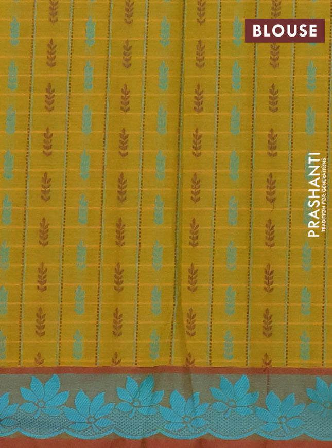 Nithyam cotton saree dual shade of mustard and maroon with allover thread checks & buttas and thread woven border