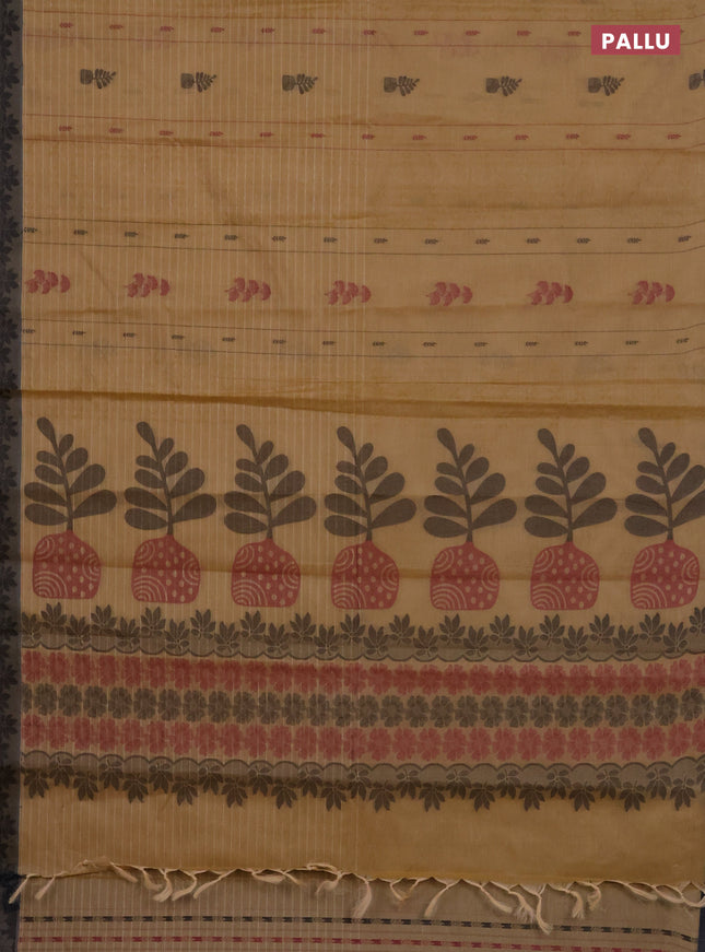 Nithyam cotton saree sandal and grey shade with allover thread weaves & buttas and thread woven border