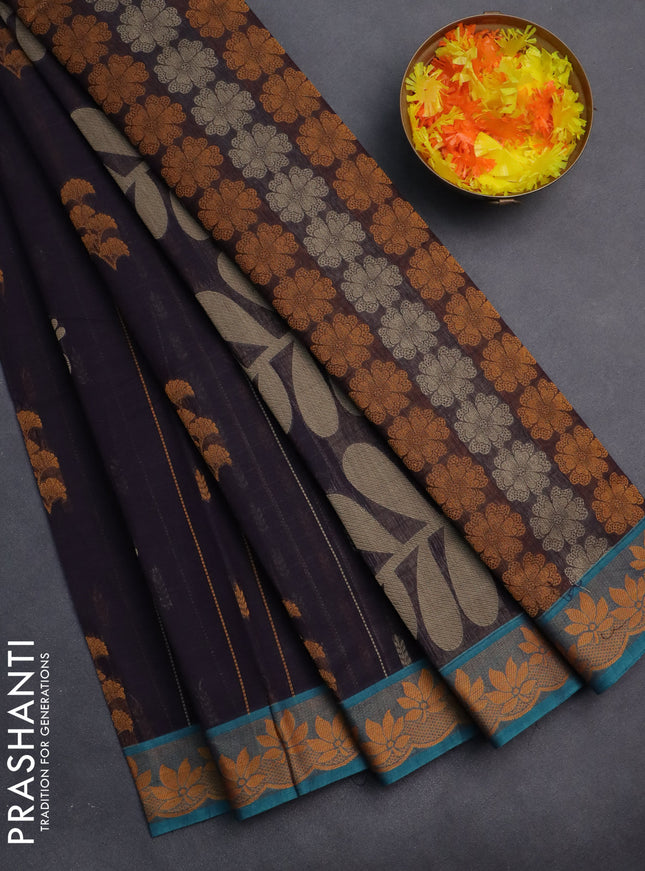Nithyam cotton saree wine shade and teal green with allover thread weaves & buttas and thread woven border