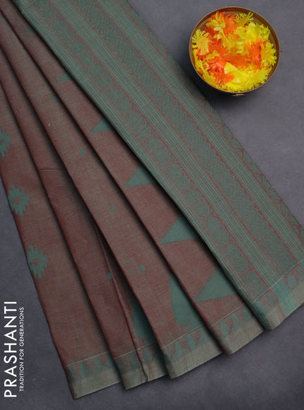 Nithyam cotton saree dual shade of greenish maroon with thread woven buttas and thread woven border