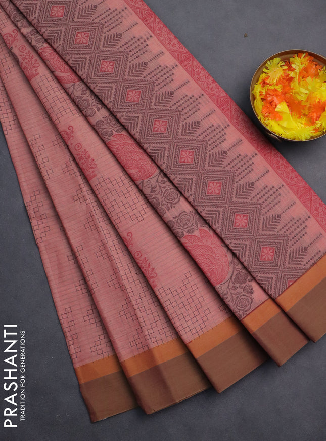 Nithyam cotton saree peach shade and dual shade of green with allover thread weaves and simple border