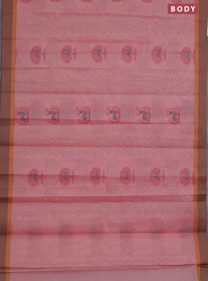 Nithyam cotton saree peach shade and dual shade of green with allover thread weaves and simple border