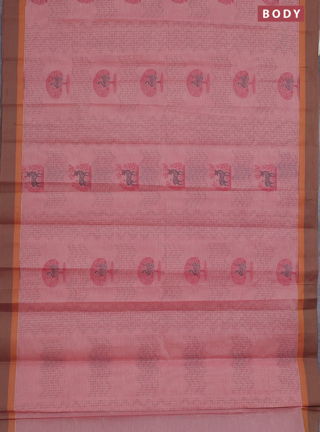 Nithyam cotton saree peach shade and dual shade of green with allover thread weaves and simple border