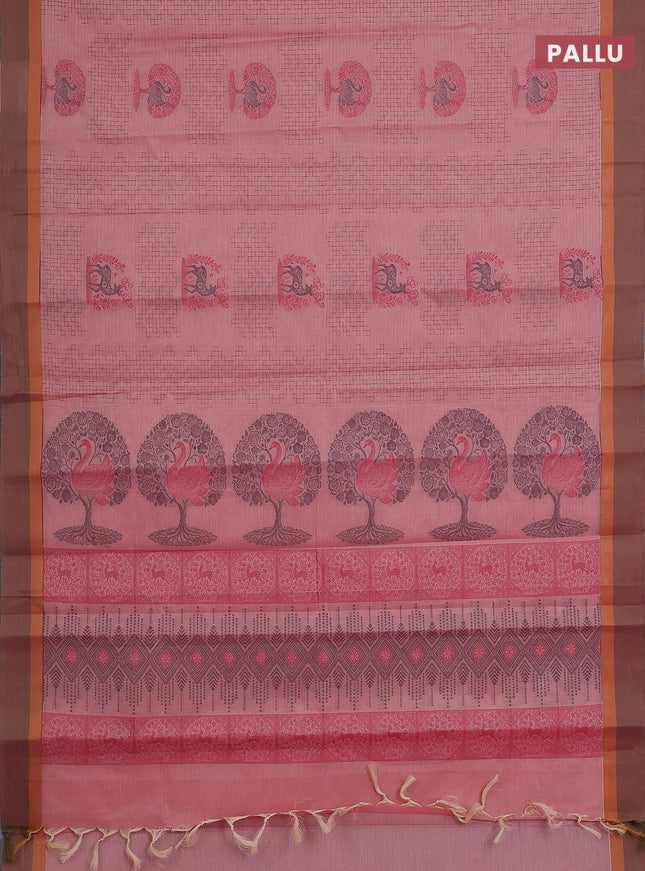 Nithyam cotton saree peach shade and dual shade of green with allover thread weaves and simple border