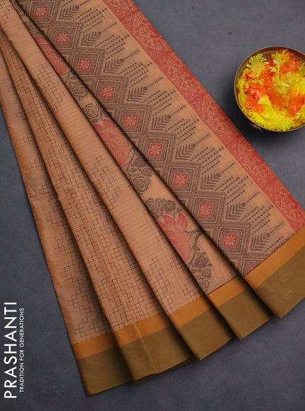 Nithyam cotton saree pale orange and dual shade of sap green with allover thread weaves and simple border