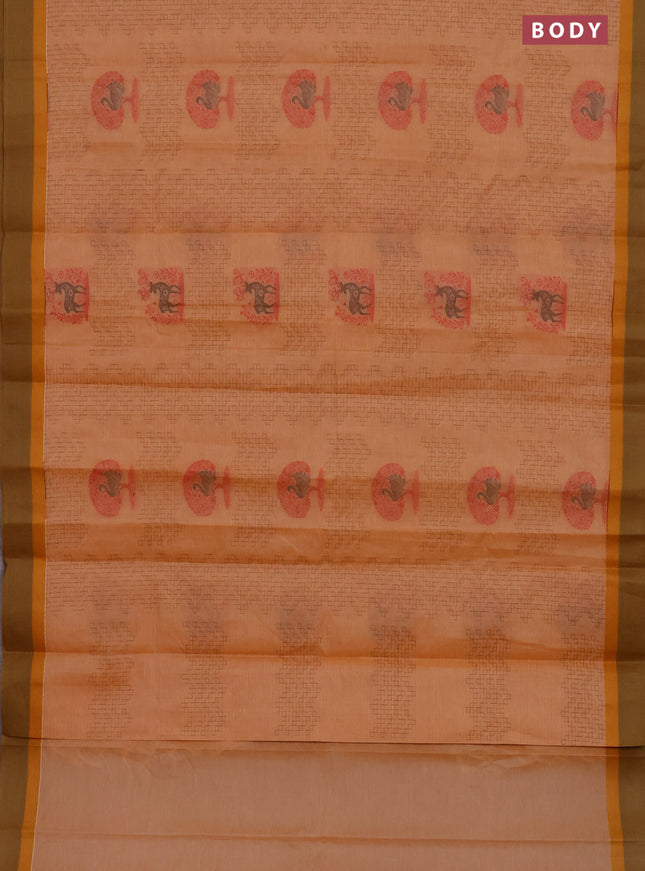 Nithyam cotton saree pale orange and dual shade of sap green with allover thread weaves and simple border