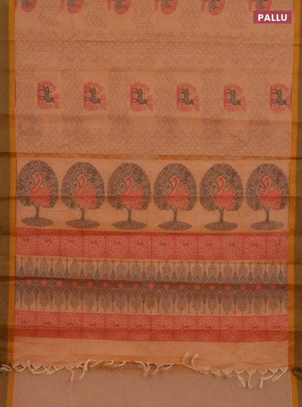 Nithyam cotton saree pale orange and dual shade of sap green with allover thread weaves and simple border