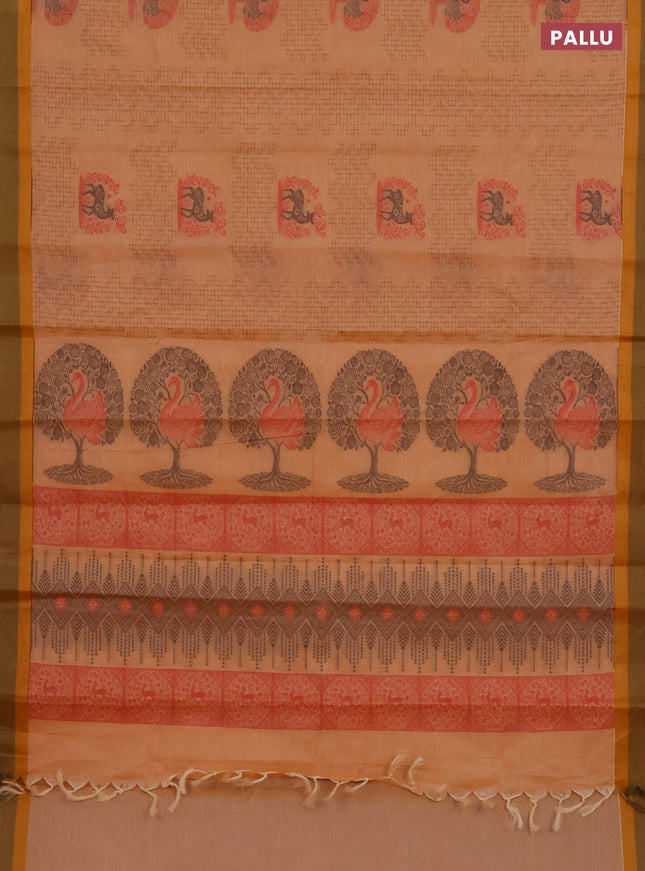 Nithyam cotton saree pale orange and dual shade of sap green with allover thread weaves and simple border