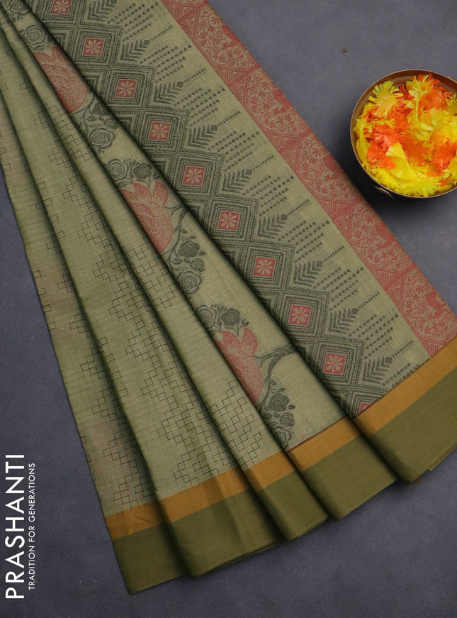 Nithyam cotton saree pastel green and sap green with allover thread weaves and simple border