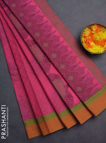 Nithyam cotton saree pink and mustard yellow with allover thread weaves and simple border